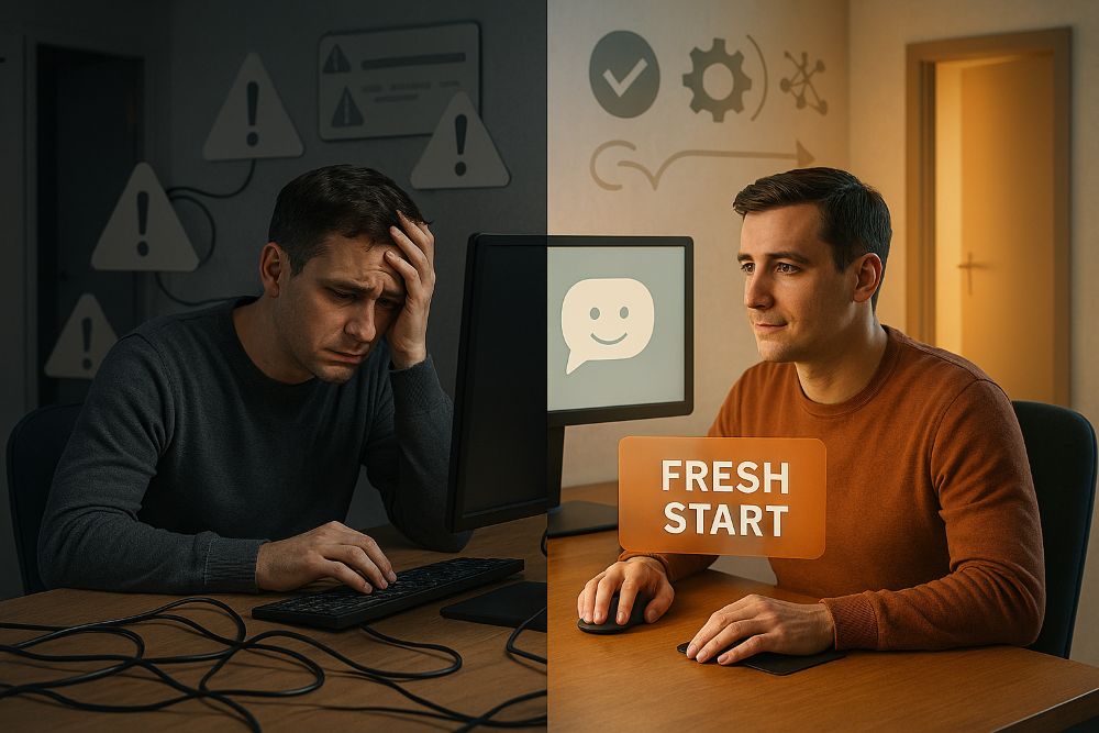 Split-screen image of two work environments