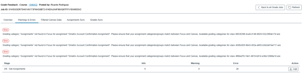 Grade Sync Log Warnings and Errors
