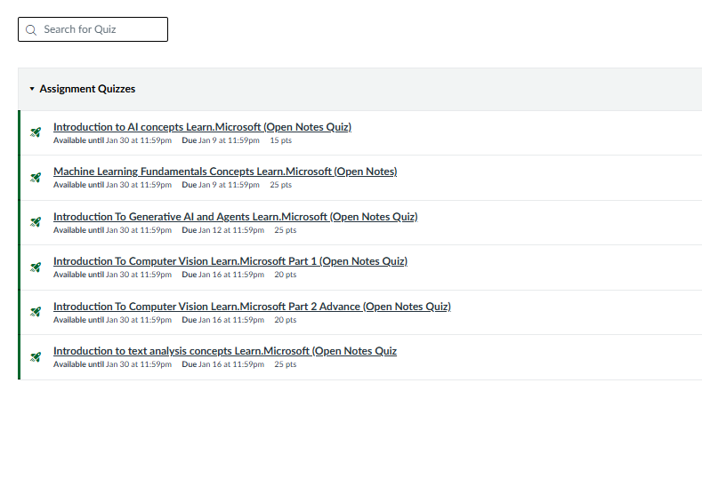 Assignments and quizzes display